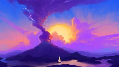 火山爆发与帆船 自然景观 插画风格 紫色和黄色 4K