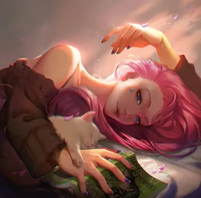 粉发少女与白猫 动漫风格 温柔场景 粉色头发 2K
