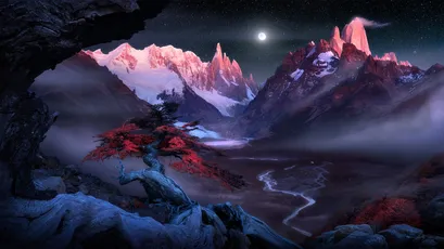 夜山红树 雪山 夜景 奇幻 4K