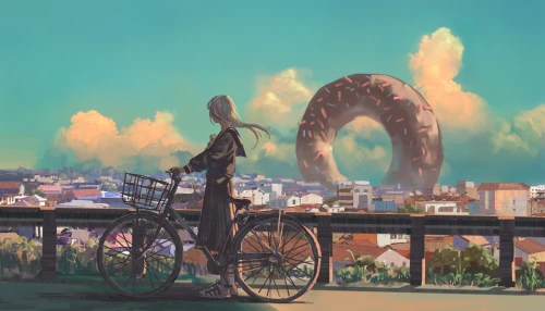 少女与甜甜圈巨环 奇幻 超现实 动漫风格 4K