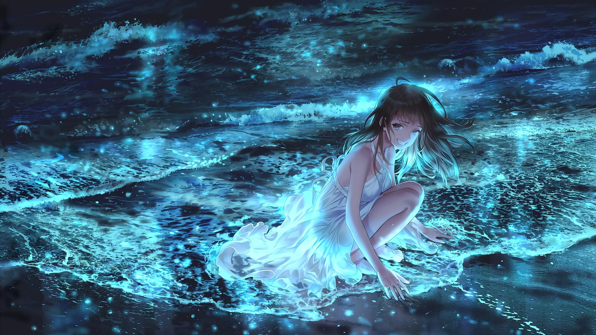 蓝光海岸的少女 海边 夜晚 梦幻风格 1080P
