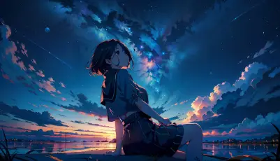 星空下的少女 动漫风格 黄昏 星空 1080P