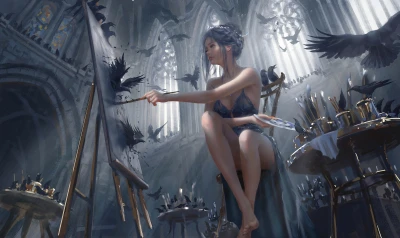 哥特式画室中的女画家 奇幻艺术 哥特风格 乌鸦 8K