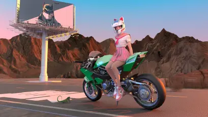 赛博摩托少女 赛博朋克 未来场景 绿色摩托车 4K