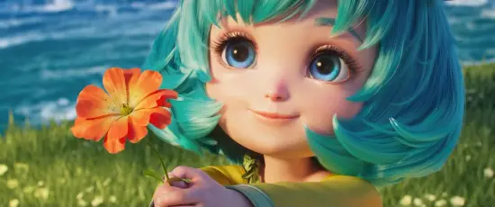蓝发少女持花望海 动画风格 海边草地 蓝发少女 1080P