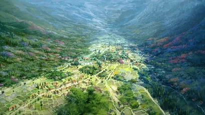 山间绿意盎然的村庄 自然景观 乡村生活 绿色植物 1080P
