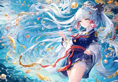 银发少女水中起舞 动漫风格 水下场景 银发角色 4K