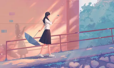 雨后漫步 动漫风格 校园场景 柔和色彩 4K