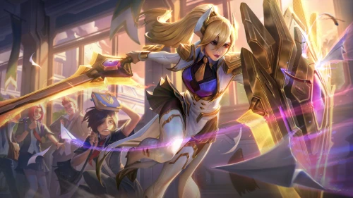 女战士持剑盾冲锋 游戏插画 奇幻风格 金发少女 4K