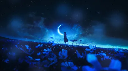 月下花海孤影 夜景 动漫风格 蓝色调 4K