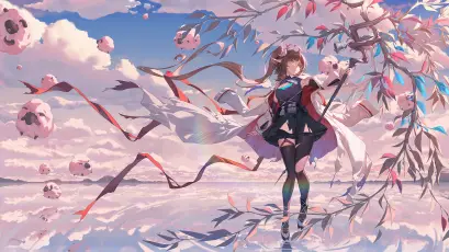 梦幻云间少女 幻想 天空 樱花 1080P