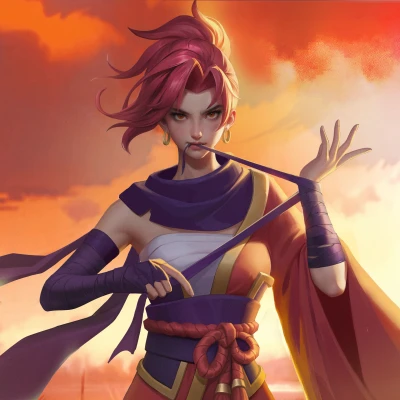 紫发女武士夕阳下 奇幻风格 夕阳场景 紫色调 2K