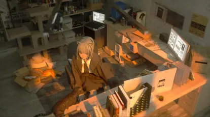 温馨工作室一角 室内 动漫风格 暖色调 4K