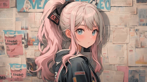 粉发少女贴满纸张的墙 动漫风格 少女角色 背景墙贴满纸张 4K