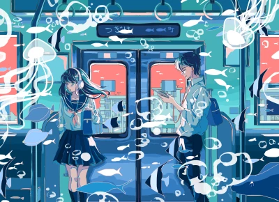 海底列车奇遇 动漫风格 蓝色调 海洋生物 4K