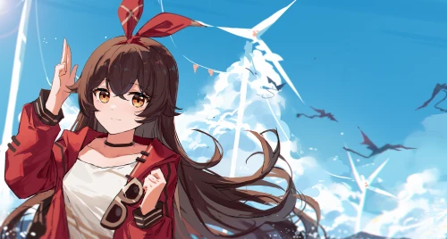 风车少女挥手 动漫风格 蓝天白云 风车背景 2K