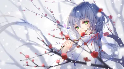 冬季雪景中的动漫角色 冬季 雪景 动漫 1080P