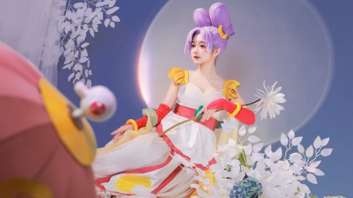 紫发少女花间坐 Cosplay 梦幻场景 紫色头发 4K