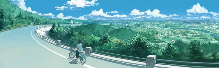 骑行山间风景 动画风格 自然风光 蓝天白云 8K