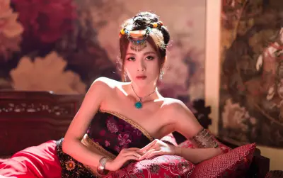 古典美人静坐图 古风 仕女 红色 4K
