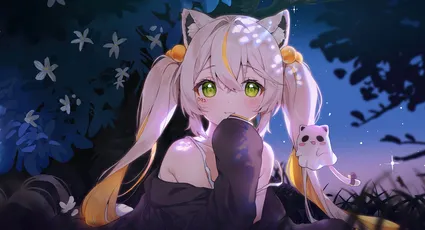 夜樱猫耳少女 动漫 夜晚 樱花 8K