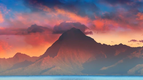 火山日落 山脉 日落 海洋 4K