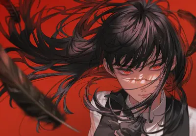 红瞳少年与黑羽 动漫插画 红色背景 黑发少年 1080P