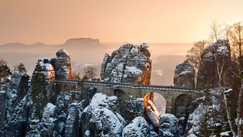 雪后石桥奇峰 风景 冬季 日出 4K