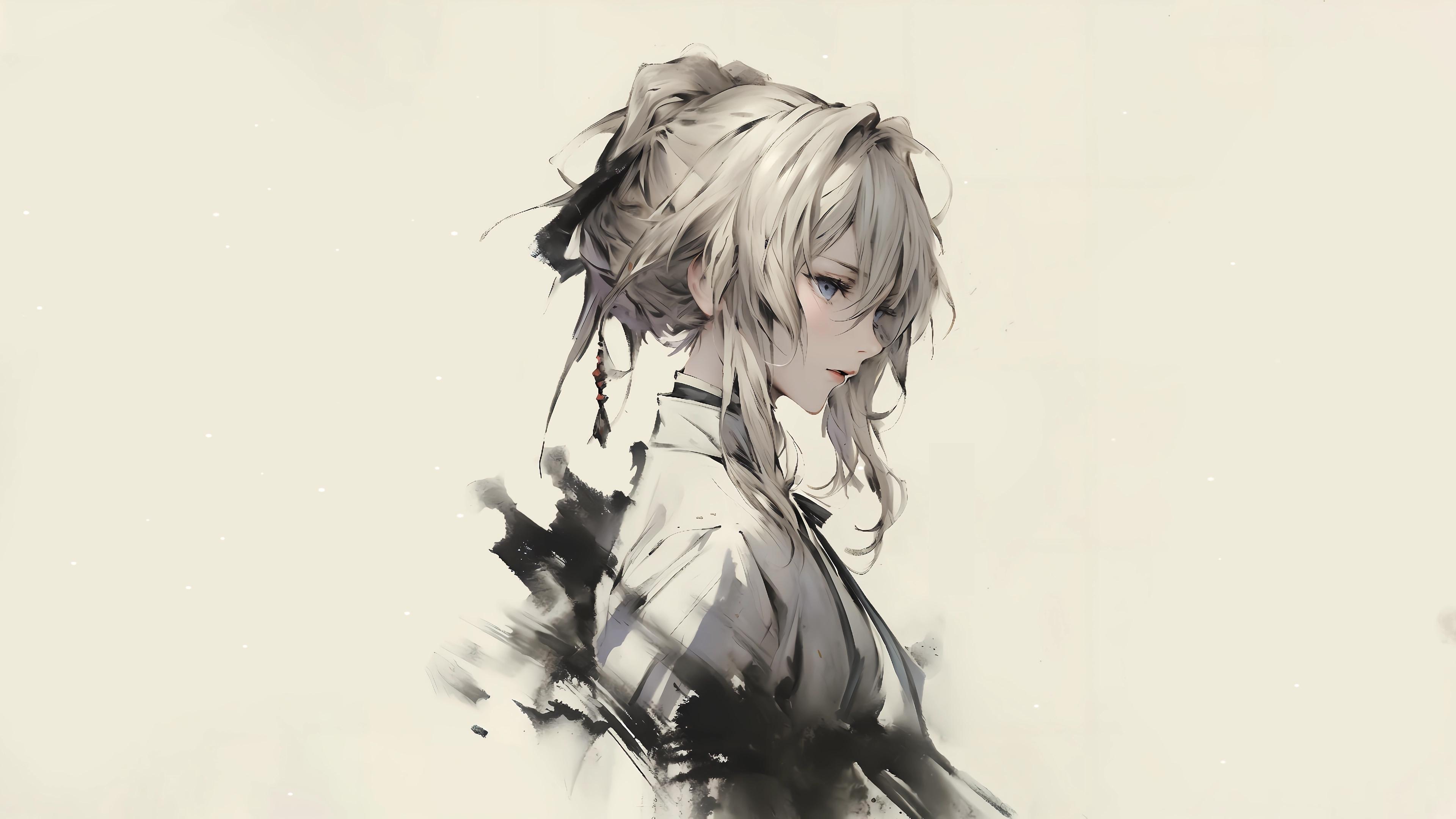 水墨风少女侧颜 动漫 水墨画 侧脸 4K