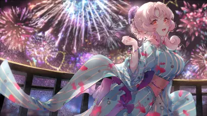 烟花下的和服少女 动漫风格 烟花庆典 和服少女 4K