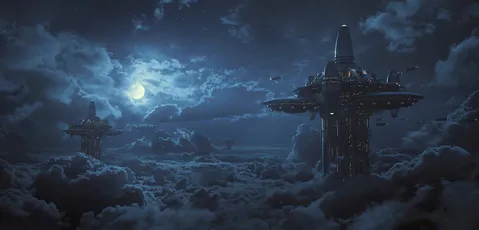 夜晚科幻云层中的未来 夜晚 科幻 未来城市 4K