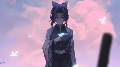 猫耳少女与光蝶 动漫风格 粉色天空 猫耳角色 1080P
