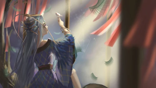 蓝发少女仰望飘带 幻想场景 水彩风格 蓝紫色调 4K