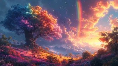 梦幻彩虹森林 奇幻森林 彩虹天空 多彩树木 4K
