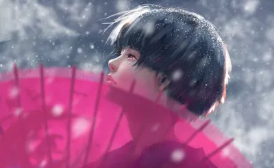 雪中红伞少女 雪景 动漫风格 红色 4K