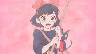 女孩与黑猫 女孩 黑猫 粉色背景 1080P