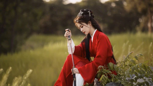 红衣女子坐于草野 古风 红衣 草地 4K