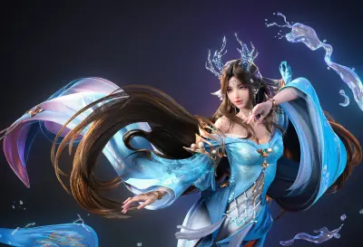 蓝衣水元素精灵少女 奇幻 游戏角色 精灵 1080P