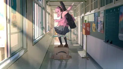 校园走廊的少女 学校 动漫风格 粉色系 2K
