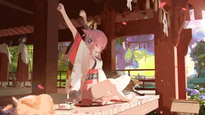 和风少女庭院舞 动漫风格 和风庭院 粉色头发 4K