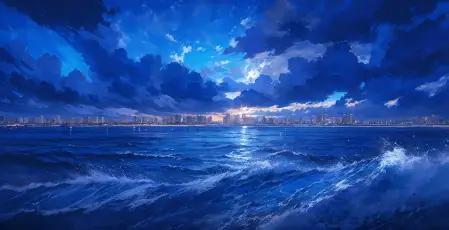 暮色下的蓝色海岸 海景 城市夜景 动漫风格 1080P