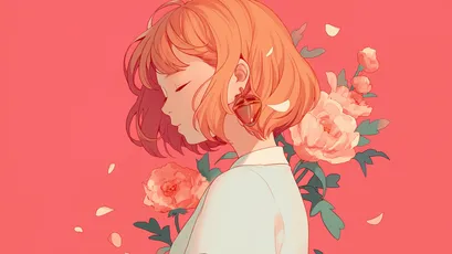 花间少女 插画 花卉 粉色背景 4K