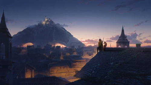 暮色中的奇幻城邦 奇幻场景 黄昏时分 屋顶视角 4K