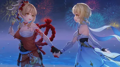 烟花下的牵手 动漫 节日 烟花 4K