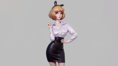 时尚女郎 动漫风格 白色衬衫 黑色短裙 4K