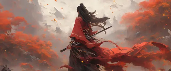 红衣战士在火焰中战斗 幻想 武侠 红色 2K