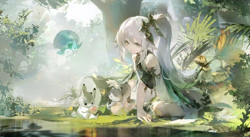 森林中的少女与兔子 森林 动漫 绿色 4K