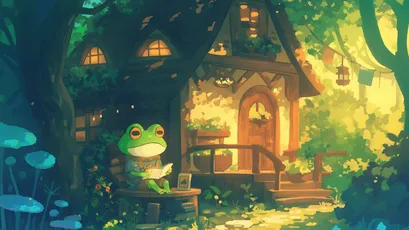 森林小屋与青蛙 森林 童话 插画 4K