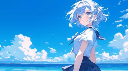 蓝发少女海边 动漫风格 蓝色调 海滩 2K