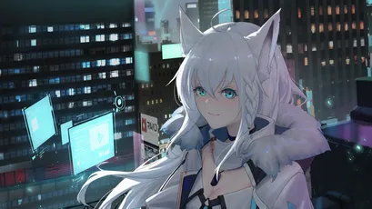 都市夜景中的猫耳少女 赛博朋克 动漫风格 夜景城市 4K